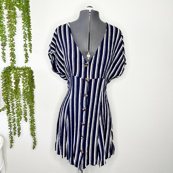 BP Navy Blue White Striped V-Neck Button Front Mini Dress Women's Size Large L - Picture 1 of 8